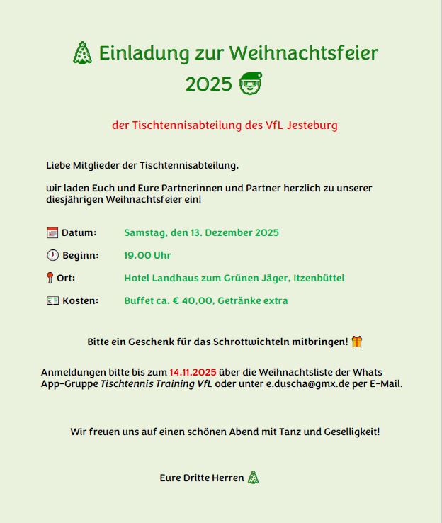 Einladung Weihnachtsfeier 2025 von Tischtennisabteilung VfL Jesteburg